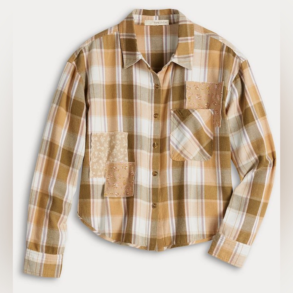 Rewind Plaid Button Up Shirt with Patchwork size XS
